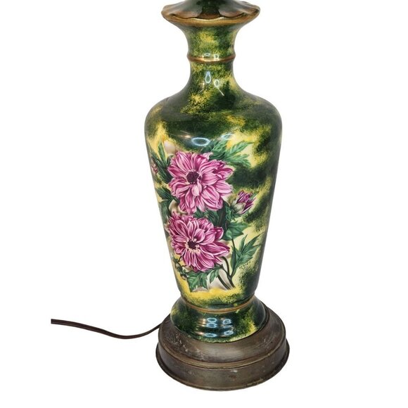 Vintage Tall Table Lamp With Brass Base Hand-Painted Floral Ceramic original fin - Picture 5 of 16